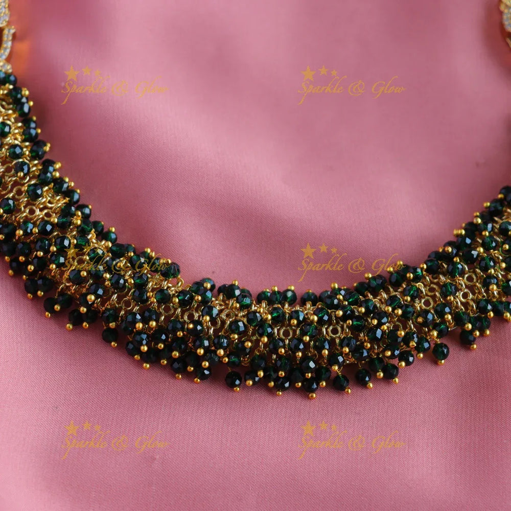 Gracious gold alike cluster Emerald beaded short necklace with Elephant Earrings - Sparkle and Glow
