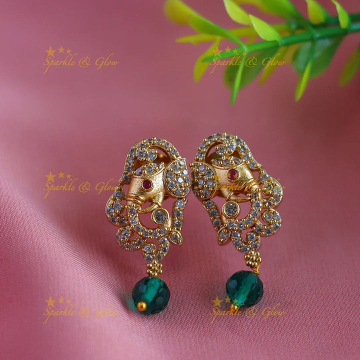 Gracious gold alike cluster Emerald beaded short necklace with Elephant Earrings - Sparkle and Glow