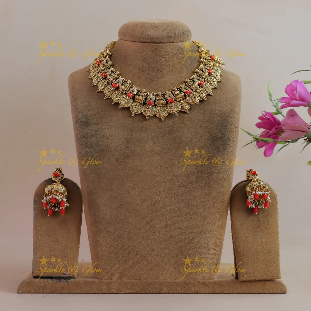 Beautiful Lakshmi peacock carved short necklace with coral and CZ stones - Sparkle and Glow