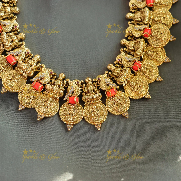 Beautiful Lakshmi peacock carved short necklace with coral and CZ stones - Sparkle and Glow