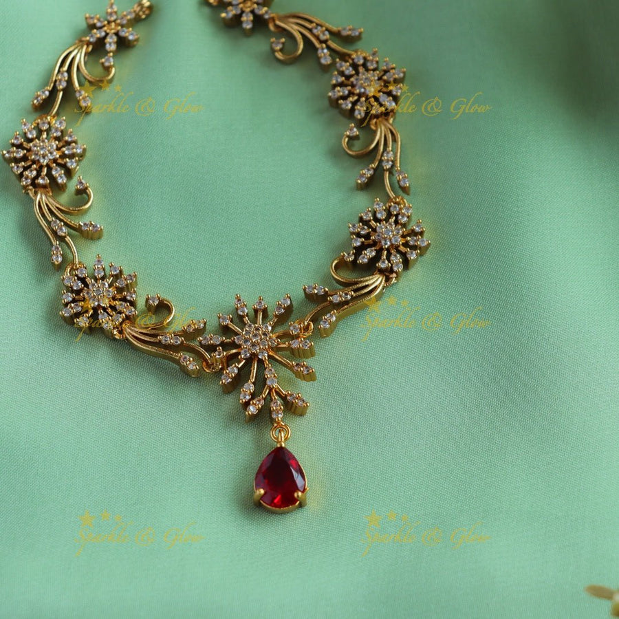Gracious Star Floral Leaflet design AD short necklace - Red - Sparkle and Glow - Back Thread - 