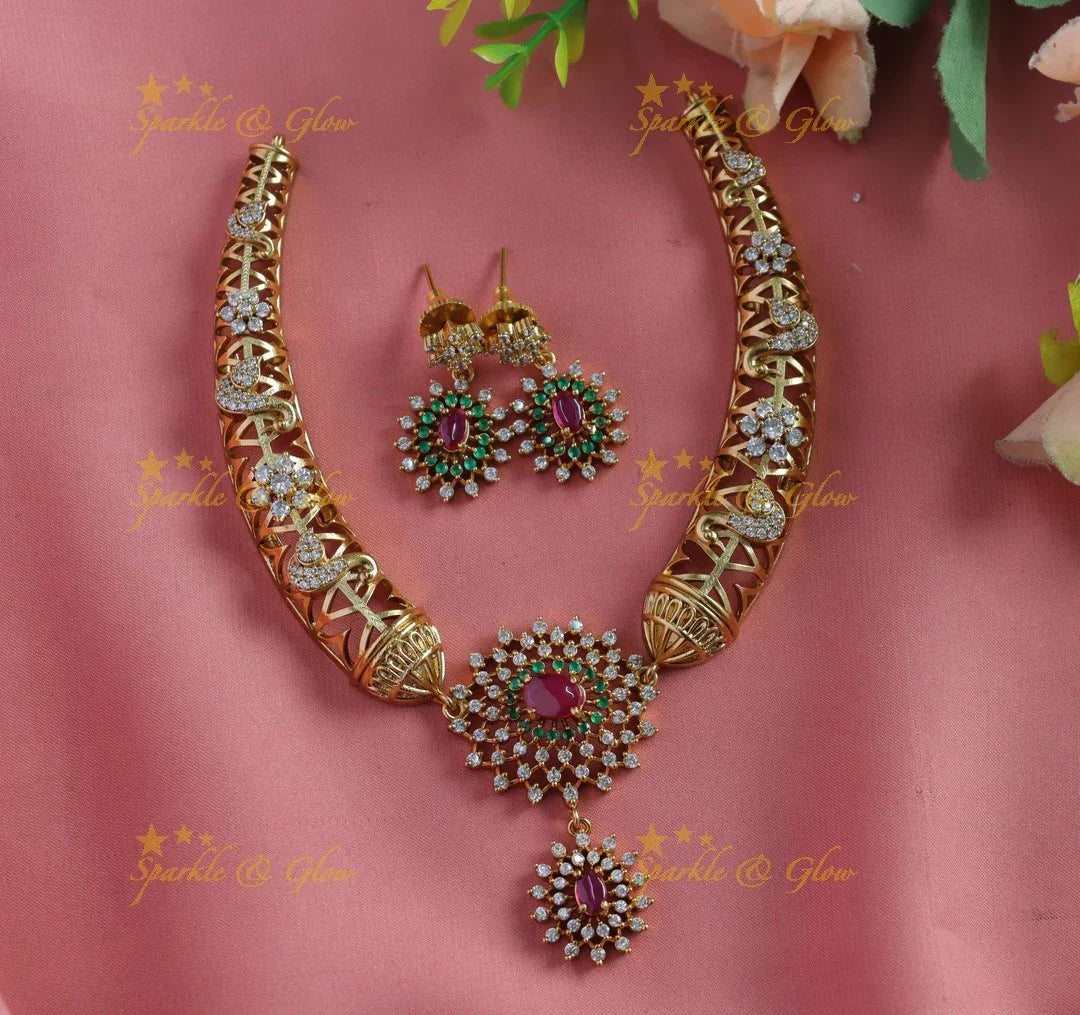 Beautiful Dual Tone Floral Pendant carved Pipe Necklace-Light pink - Sparkle and Glow