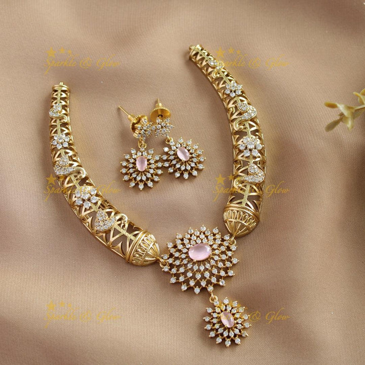 Beautiful Dual Tone Floral Pendant carved Pipe Necklace-Light pink - Sparkle and Glow