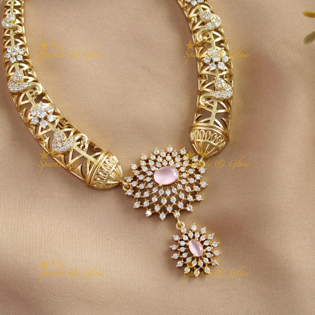 Beautiful Dual Tone Floral Pendant carved Pipe Necklace-Light pink - Sparkle and Glow