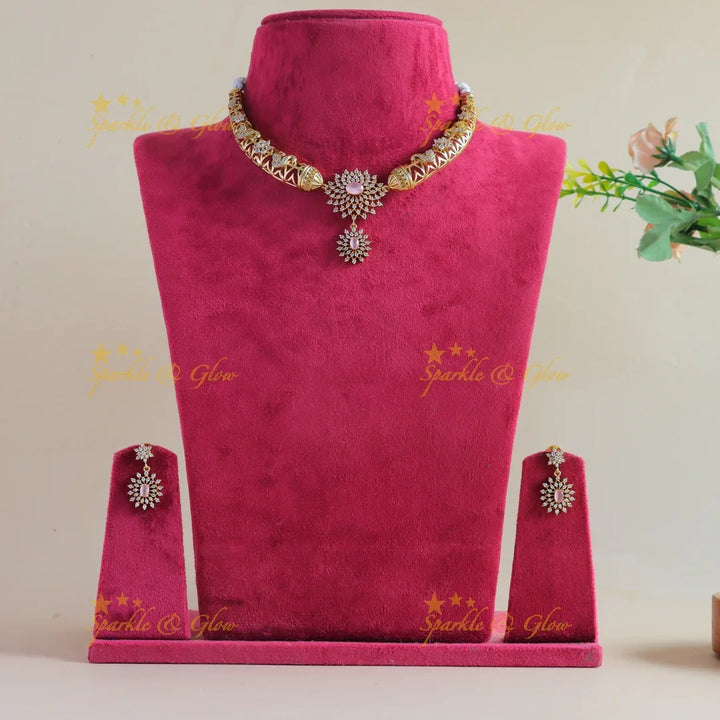 Beautiful Dual Tone Floral Pendant carved Pipe Necklace-Light pink - Sparkle and Glow