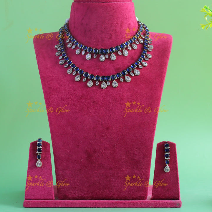 Elegant Two Layer Victorian AD Short necklace with waterdrop-Blue