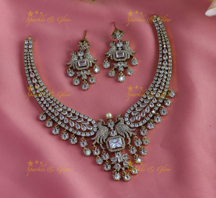 Elegant Dancing Peacock floral carved Victorian AD short necklace
