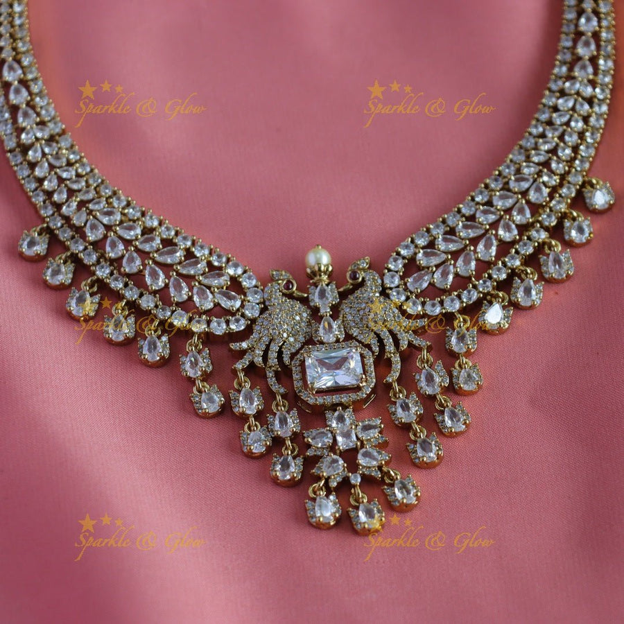Elegant Dancing Peacock floral carved Victorian AD short necklace - Sparkle and Glow - Back Thread - 