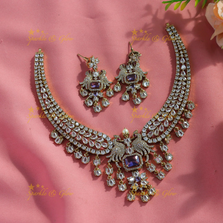 Elegant Dancing Peacock floral carved Victorian AD short necklace