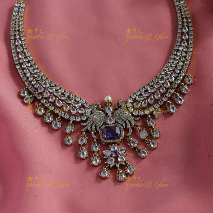 Elegant Dancing Peacock floral carved Victorian AD short necklace