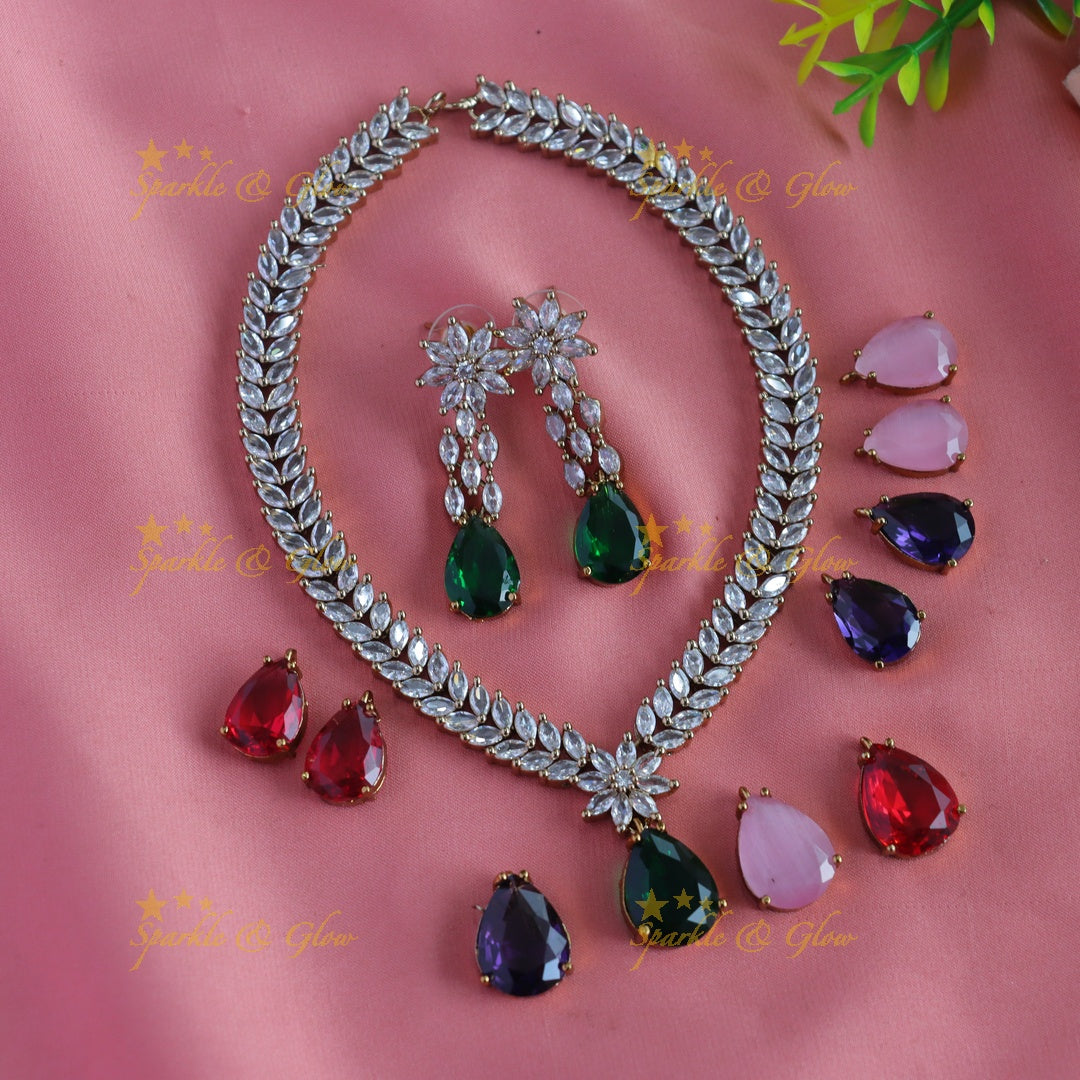 Beautiful Floral Leaf design AD Short necklace with Interchangeable stones