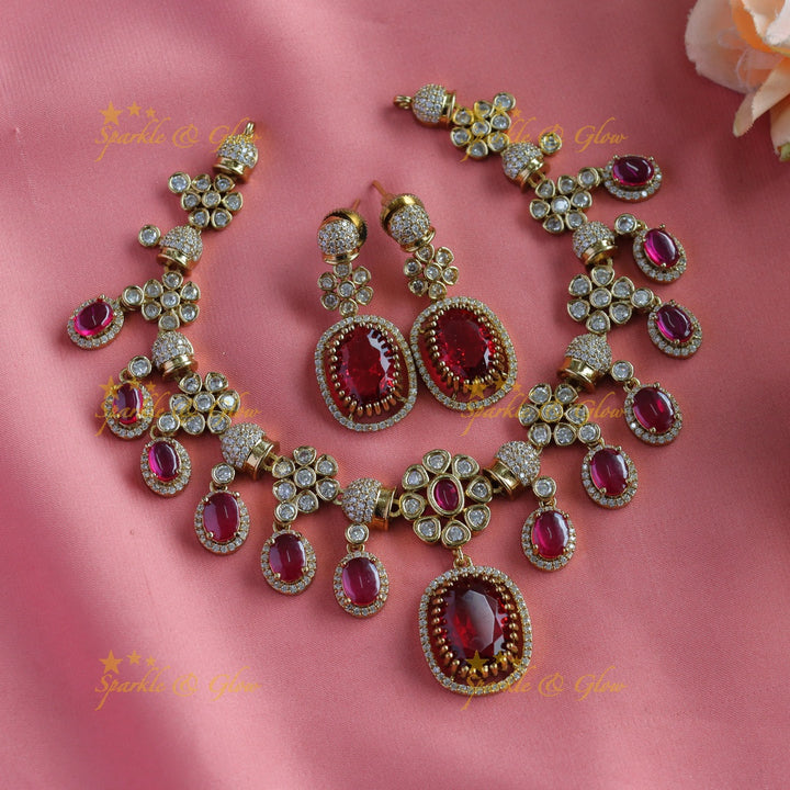 Elegant Floral square stone pendant carved Victorian AD short necklace with ruby stones