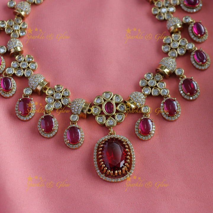 Elegant Floral square stone pendant carved Victorian AD short necklace with ruby stones