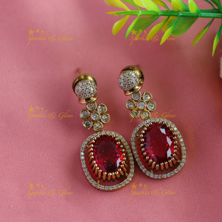 Elegant Floral square stone pendant carved Victorian AD short necklace with ruby stones