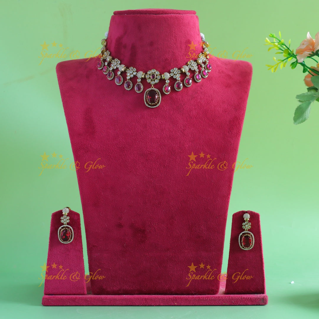 Elegant Floral square stone pendant carved Victorian AD short necklace with ruby stones
