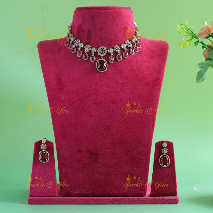 Elegant Floral square stone pendant carved Victorian AD short necklace with ruby stones