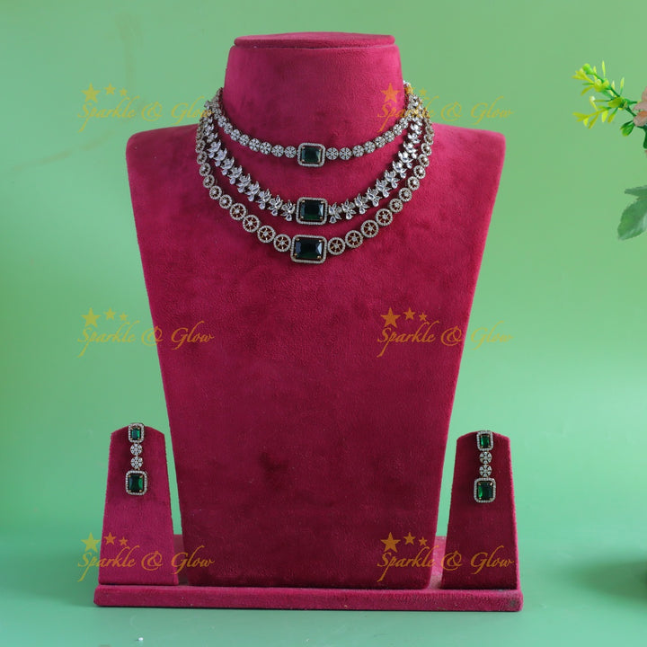 Grand Multiple Square stone pendant carved Victorian AD Floral Three layered short necklace