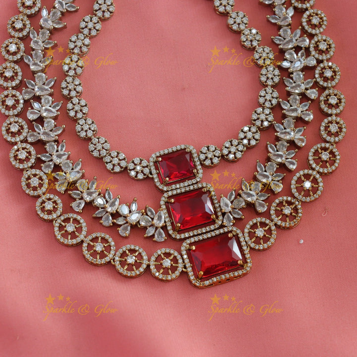 Grand Multiple Square stone pendant carved Victorian AD Floral Three layered short necklace