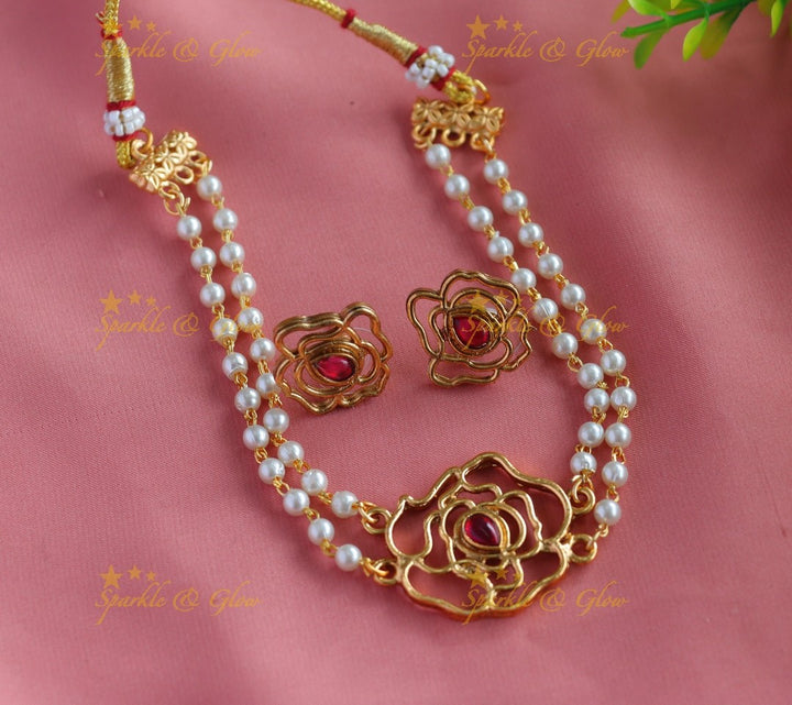 Premium Matte Rose Flower pendant design two layered pearl choker