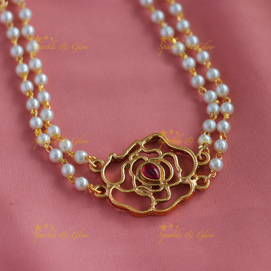 Premium Matte Rose Flower pendant design two layered pearl choker