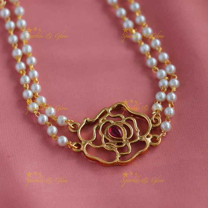 Premium Matte Rose Flower pendant design two layered pearl choker