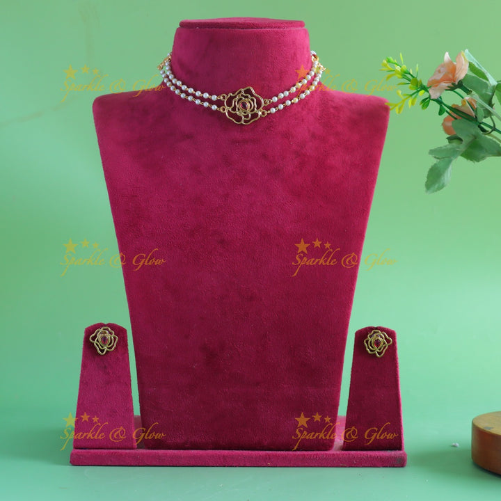 Premium Matte Rose Flower pendant design two layered pearl choker