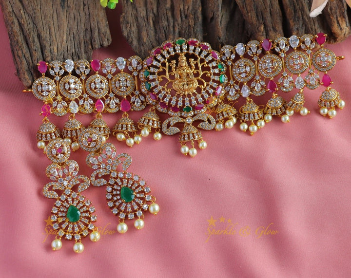 Statement Idol Lakshmi pendant carved leaf design choker with cz stones