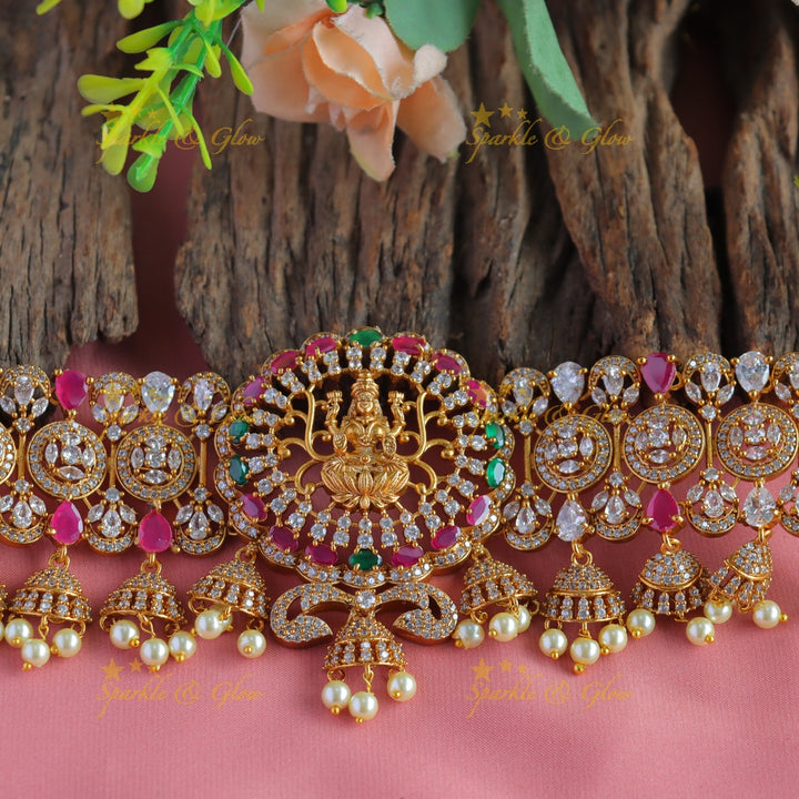 Statement Idol Lakshmi pendant carved leaf design choker with cz stones