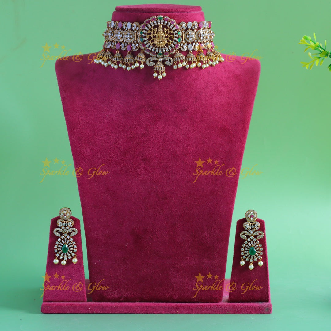 Statement Idol Lakshmi pendant carved leaf design choker with cz stones