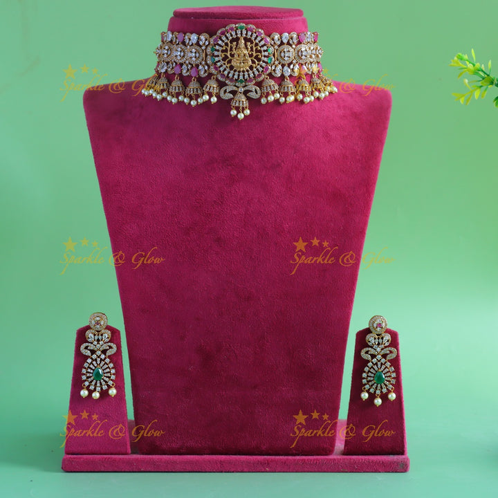 Statement Idol Lakshmi pendant carved leaf design choker with cz stones