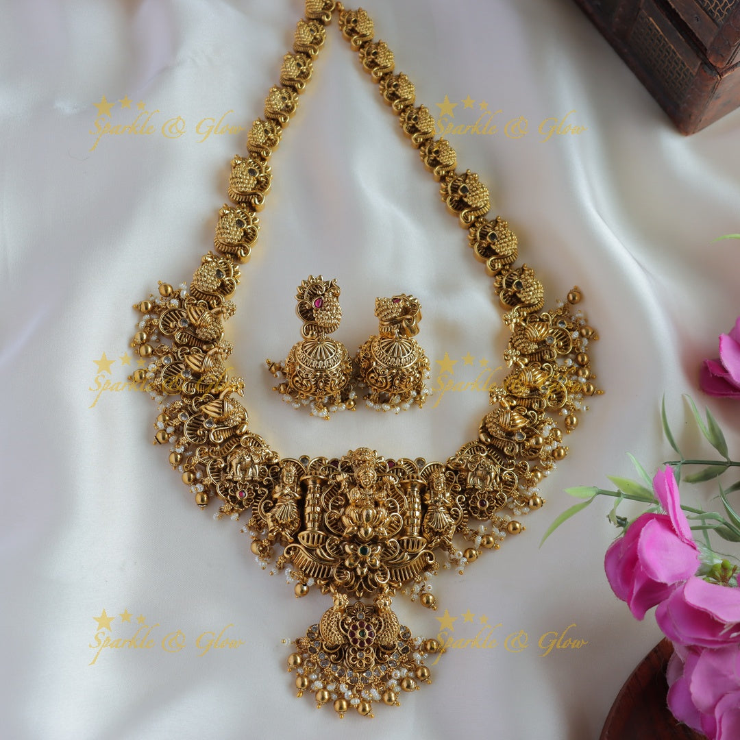Grand intrecate Lakshmi peacock carved long necklace with stones pearls and gold beads