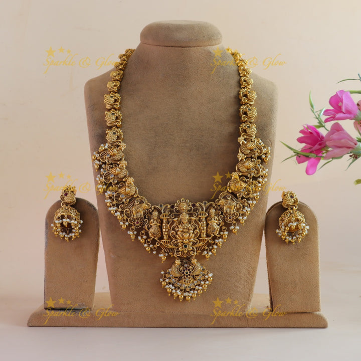 Grand intrecate Lakshmi peacock carved long necklace with stones pearls and gold beads