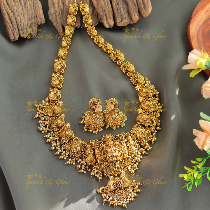 Grand intrecate Lakshmi peacock carved long necklace with stones pearls and gold beads
