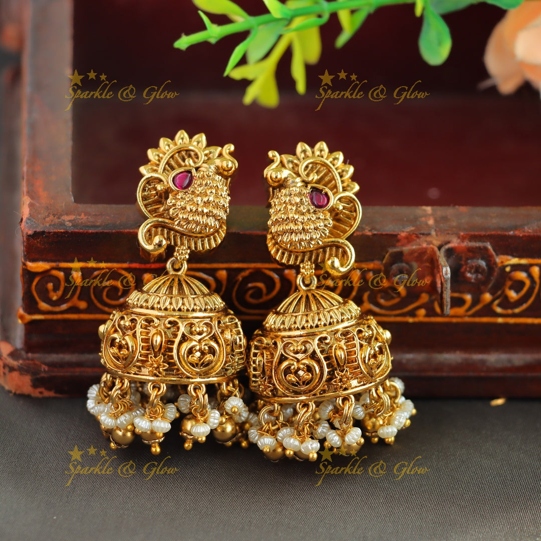 Grand intrecate Lakshmi peacock carved long necklace with stones pearls and gold beads
