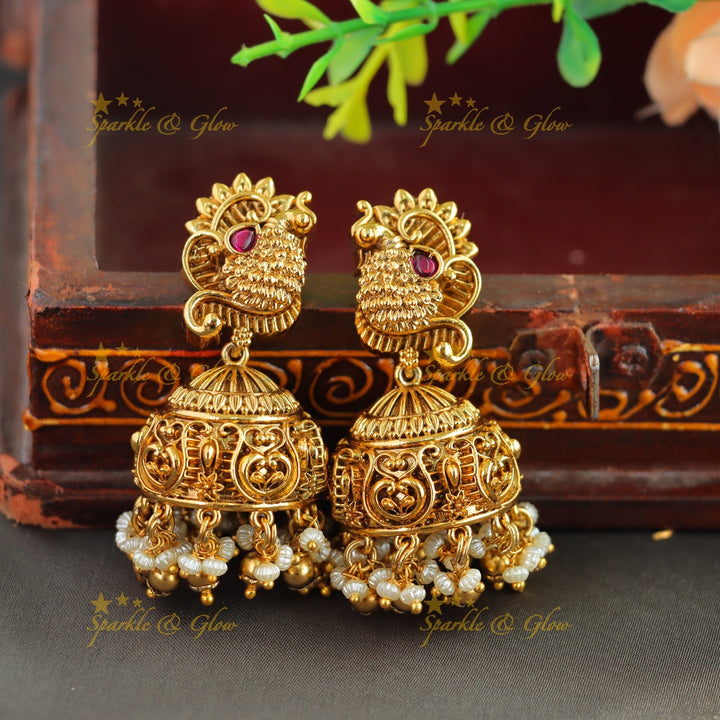 Grand intrecate Lakshmi peacock carved long necklace with stones pearls and gold beads