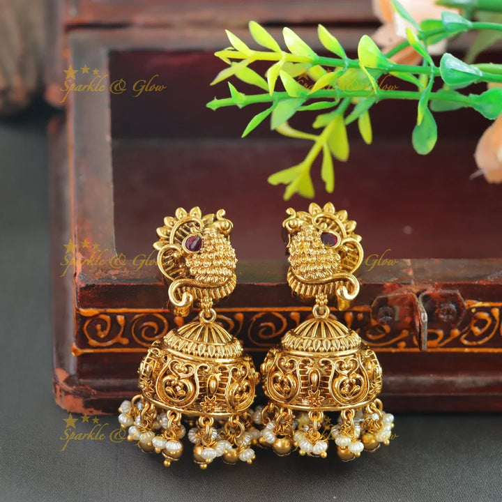Beautiful Lakshmi peacock carved short necklace with stones pearls and gold beads - Sparkle and Glow