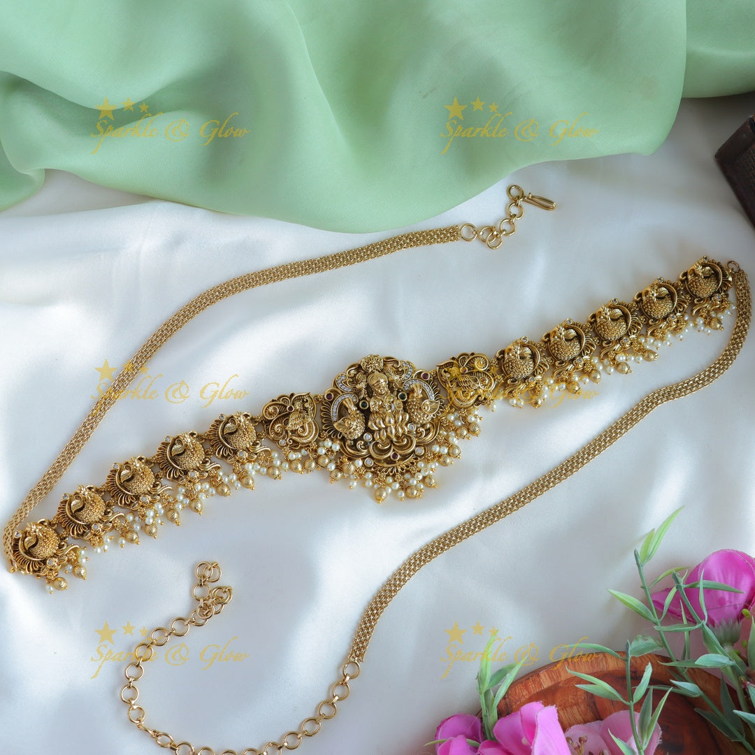 Elegant Idol Lakshmi Peacock carved Hipchain with pearls and gold beads