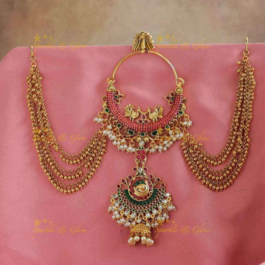 Gracious Peacock Floral Chandbali Jadabilla with gold maatil-Ruby - Sparkle and Glow