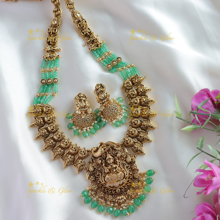 Stunning Lakshmi peacock mango design haram with CZ stone and multi layer mint green beads chain