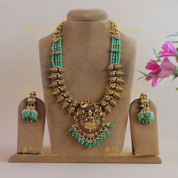 Stunning Lakshmi peacock mango design haram with CZ stone and multi layer mint green beads chain