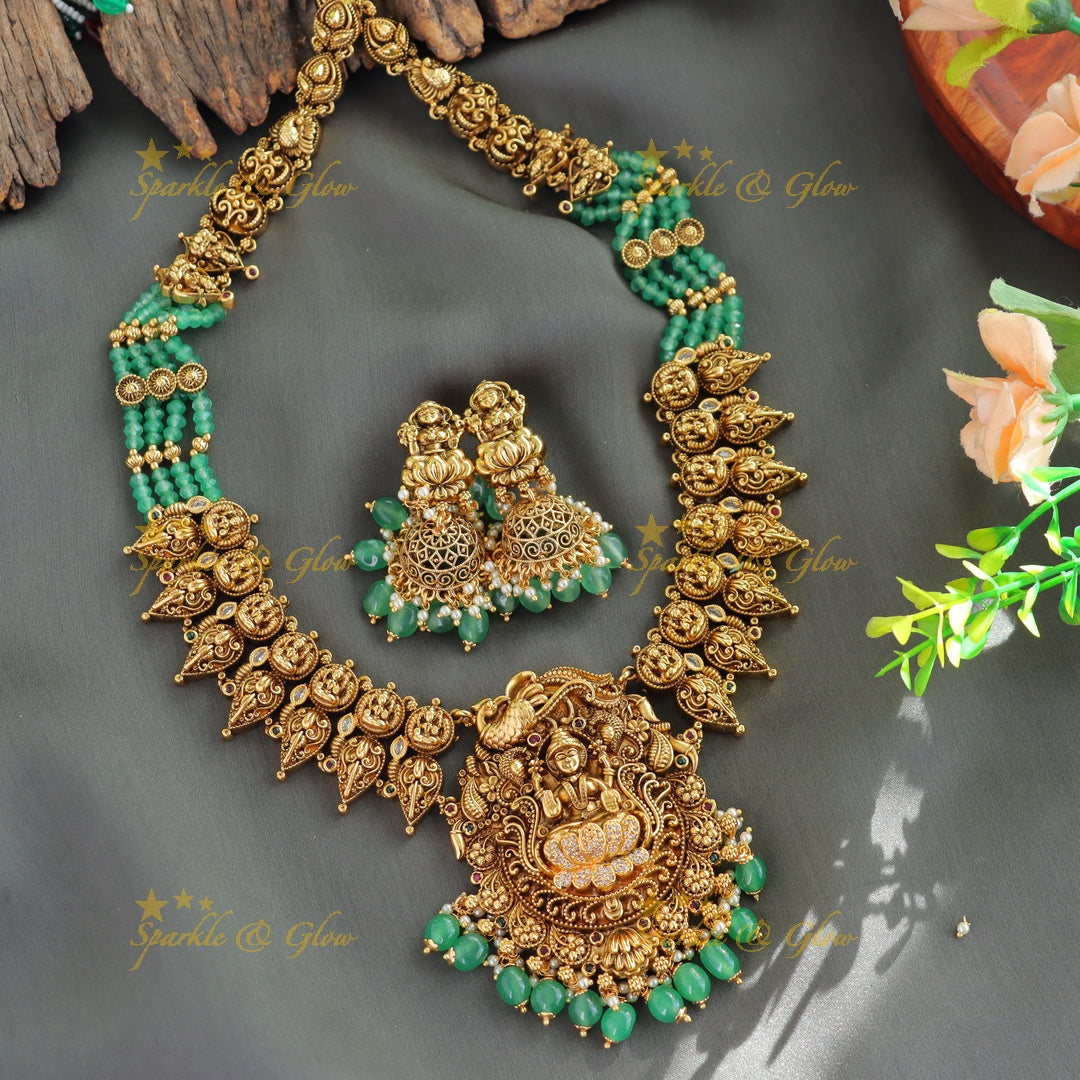 Stunning Lakshmi peacock mango design haram with CZ stone and multi layer mint green beads chain