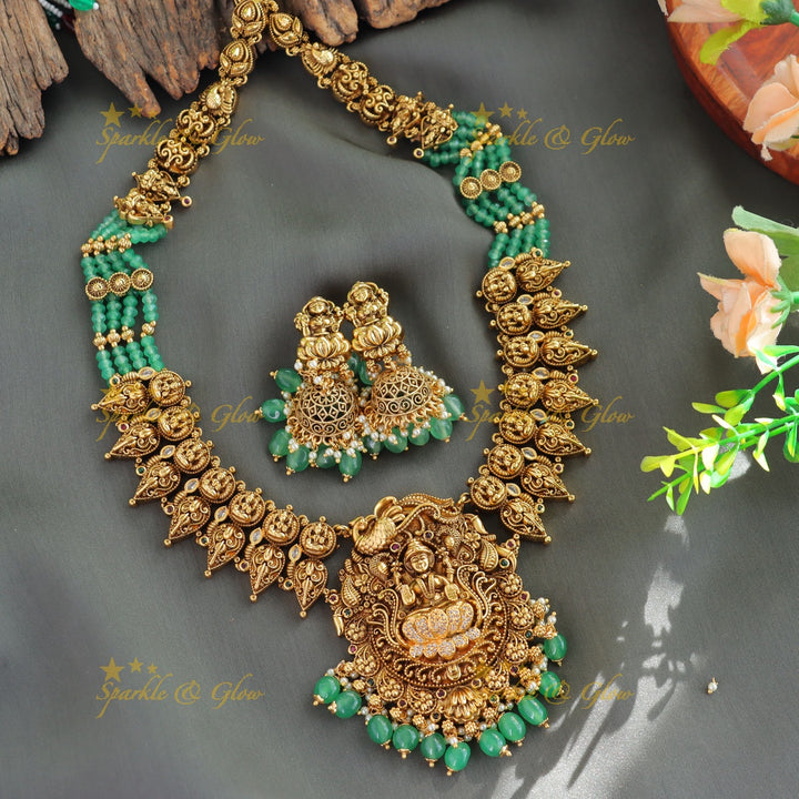 Stunning Lakshmi peacock mango design haram with CZ stone and multi layer mint green beads chain