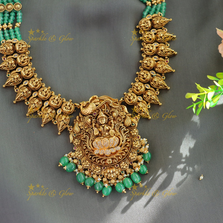 Stunning Lakshmi peacock mango design haram with CZ stone and multi layer mint green beads chain