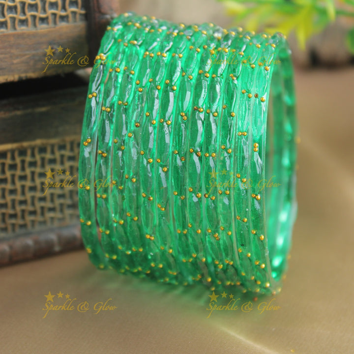 Beautiful Big drop glass bangles set of 12 bangles, (one dozen ), with gold dots - baby pink