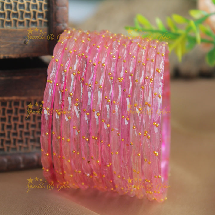 Beautiful Big drop glass bangles set of 12 bangles, (one dozen ), with gold dots - baby pink