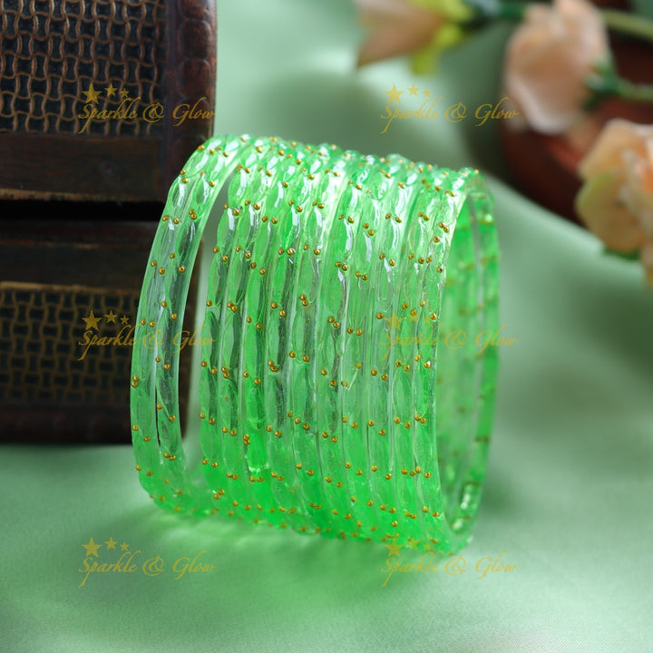 Beautiful Big drop glass bangles set of 12 bangles, (one dozen ), with gold dots - baby pink