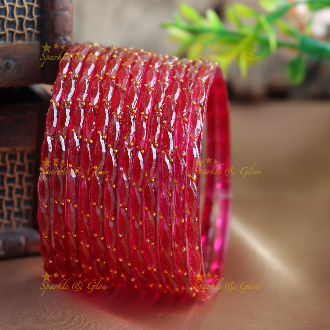 Beautiful Big drop glass bangles set of 12 bangles, (one dozen ), with gold dots - baby pink