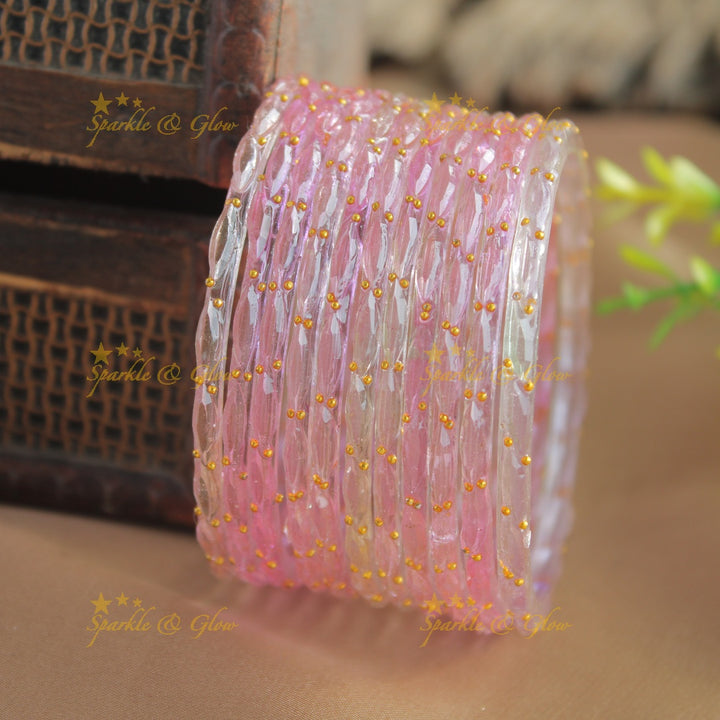 Beautiful Big drop glass bangles set of 12 bangles, (one dozen ), with gold dots - baby pink
