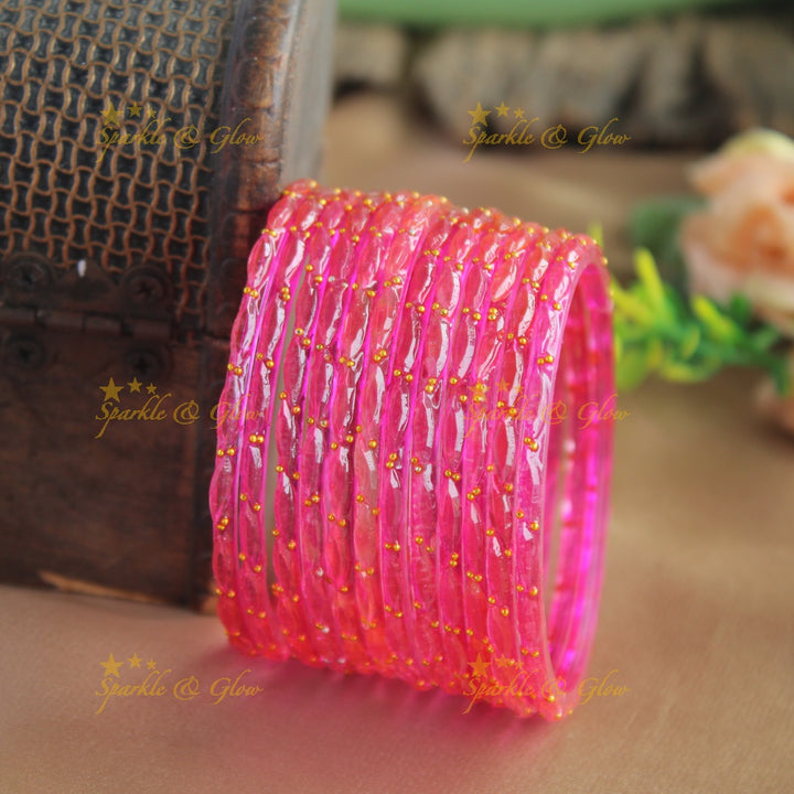 Beautiful Big drop glass bangles set of 12 bangles, (one dozen ), with gold dots - baby pink