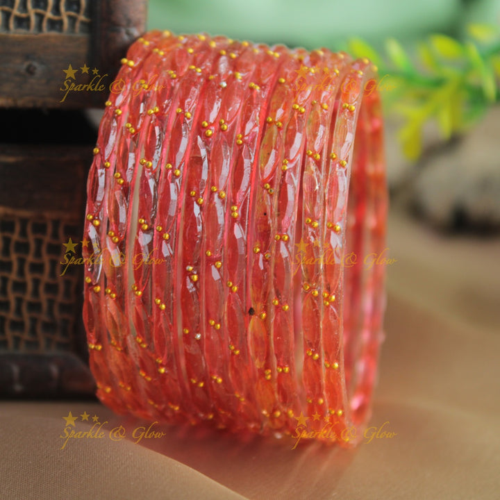 Beautiful Big drop glass bangles set of 12 bangles, (one dozen ), with gold dots - baby pink